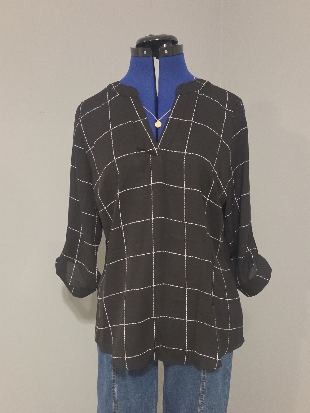 Women's Black Windowpane Split-Neck Blouse